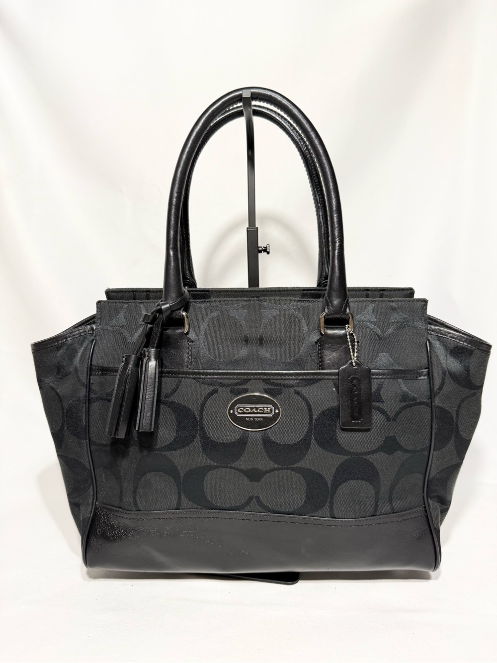 Coach Black Signature Canvas Tote with Leather Trim